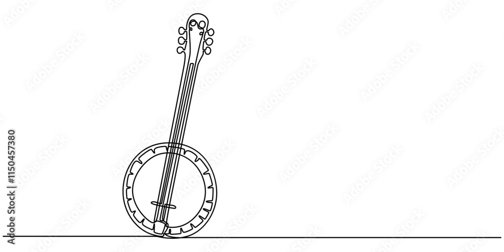 Naklejka premium continuous line drawing banjo music instrument vector illustration minimalist design, American banjo, string guitar one line continuous drawing. Musical instruments continuous one line illustration.