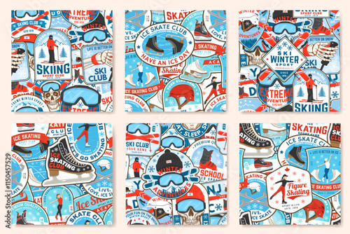 Ice Skate club and ski winter sport club seamless pattern design. Background, wallpaper, seamless pattern with ski pole, skis, ski glasses, skate, skates blades and helmet. Winter sport. Vector