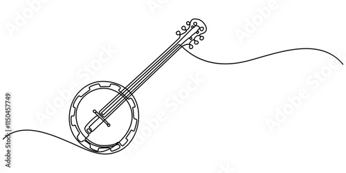 continuous line drawing banjo music instrument vector illustration minimalist design, American banjo, string guitar one line continuous drawing. Musical instruments continuous one line illustration.