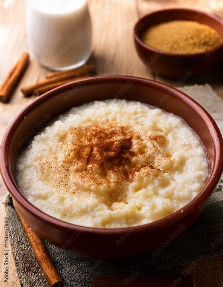 Generated image Norwegian risengrynsgrøt (rice porridge) with a dollop of cinnamon sugar and milk Generated image Norwegian risengrynsgrøt (rice porridge) with a dollop of cinnamon sugar and milk