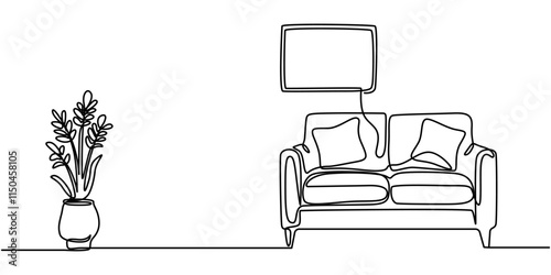 Continuous one line drawing armchair, nightstand and lamp. Living room interior in loft apartment. Modern furniture in simple Linear style. Doodle style, Continuous line drawing of sofa, lamp and plan