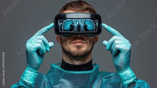 Doctor using a virtual reality headset to visualize internal organs, demonstrating advanced technology in modern medicine