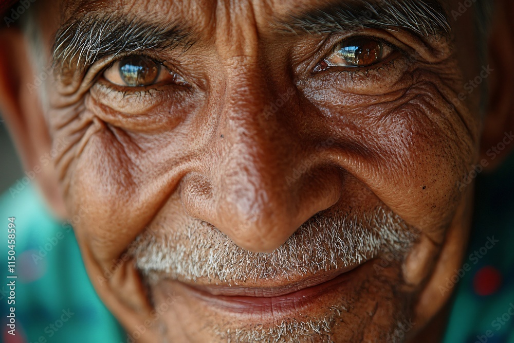 Close up portrait capturing the serene smile and weathered face of an elderly farmer, reflecting years of wisdom and resilience Close up portrait capturing the serene smile and weathered face of an elderly farmer, reflecting years of wisdom and resilience