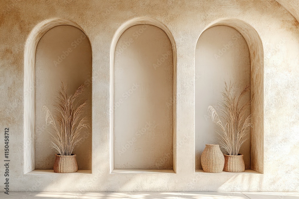 Three arched niches recessed into a beige stucco wall are shown in the image. The light hitting the niches casts soft shadows, creating depth.