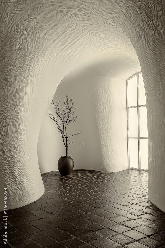 A winding, light-filled hallway with arched walls and dark brick floor. Windows are visible.