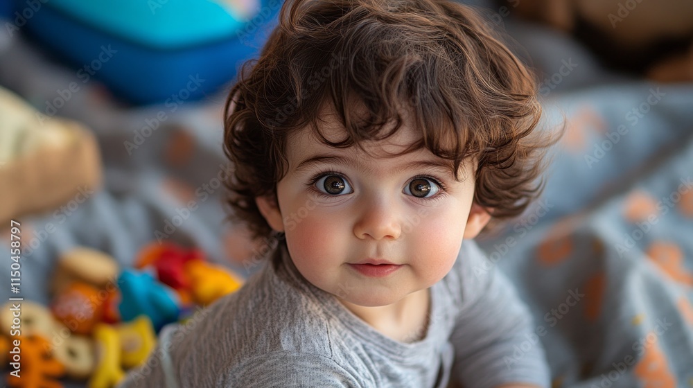 A toddler with big, curious eyes sits on a picnic blanket surrounded by colorful toys and healthy snacks, exploring the joy of playtime in a sunny outdoor setting. A toddler with big, curious eyes sits on a picnic blanket surrounded by colorful toys and healthy snacks, exploring the joy of playtime in a sunny outdoor setting.