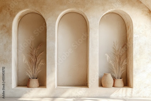 Obraz na płótnie Three arched niches recessed into a beige stucco wall are shown in the image. The light hitting the niches casts soft shadows, creating depth. w salonie