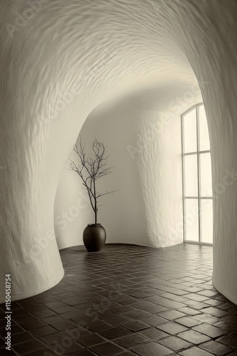 Obraz na płótnie A winding, light-filled hallway with arched walls and dark brick floor. Windows are visible. w salonie