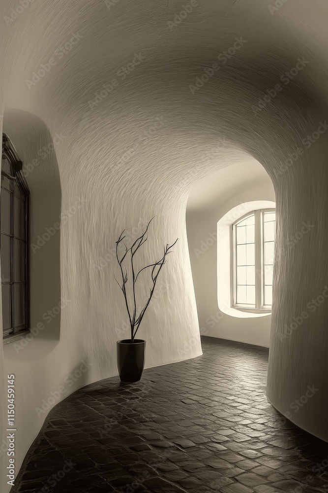 A winding, light-filled hallway with arched walls and dark brick floor. Windows are visible.