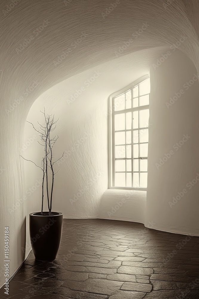 A winding, light-filled hallway with arched walls and dark brick floor. Windows are visible.