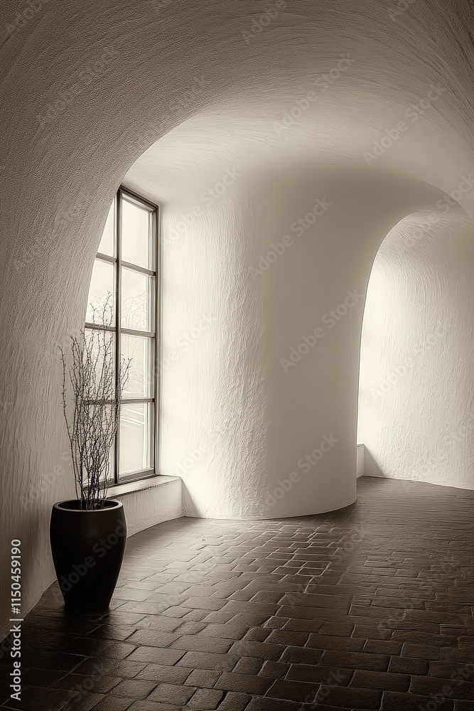 A winding, light-filled hallway with arched walls and dark brick floor. Windows are visible.
