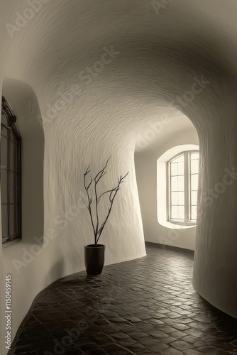 Obraz na płótnie A winding, light-filled hallway with arched walls and dark brick floor. Windows are visible. w salonie