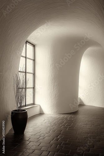 Obraz na płótnie A winding, light-filled hallway with arched walls and dark brick floor. Windows are visible. w salonie