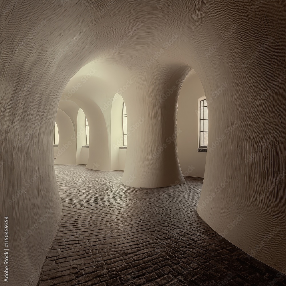 A winding, light-filled hallway with arched walls and dark brick floor. Windows are visible.