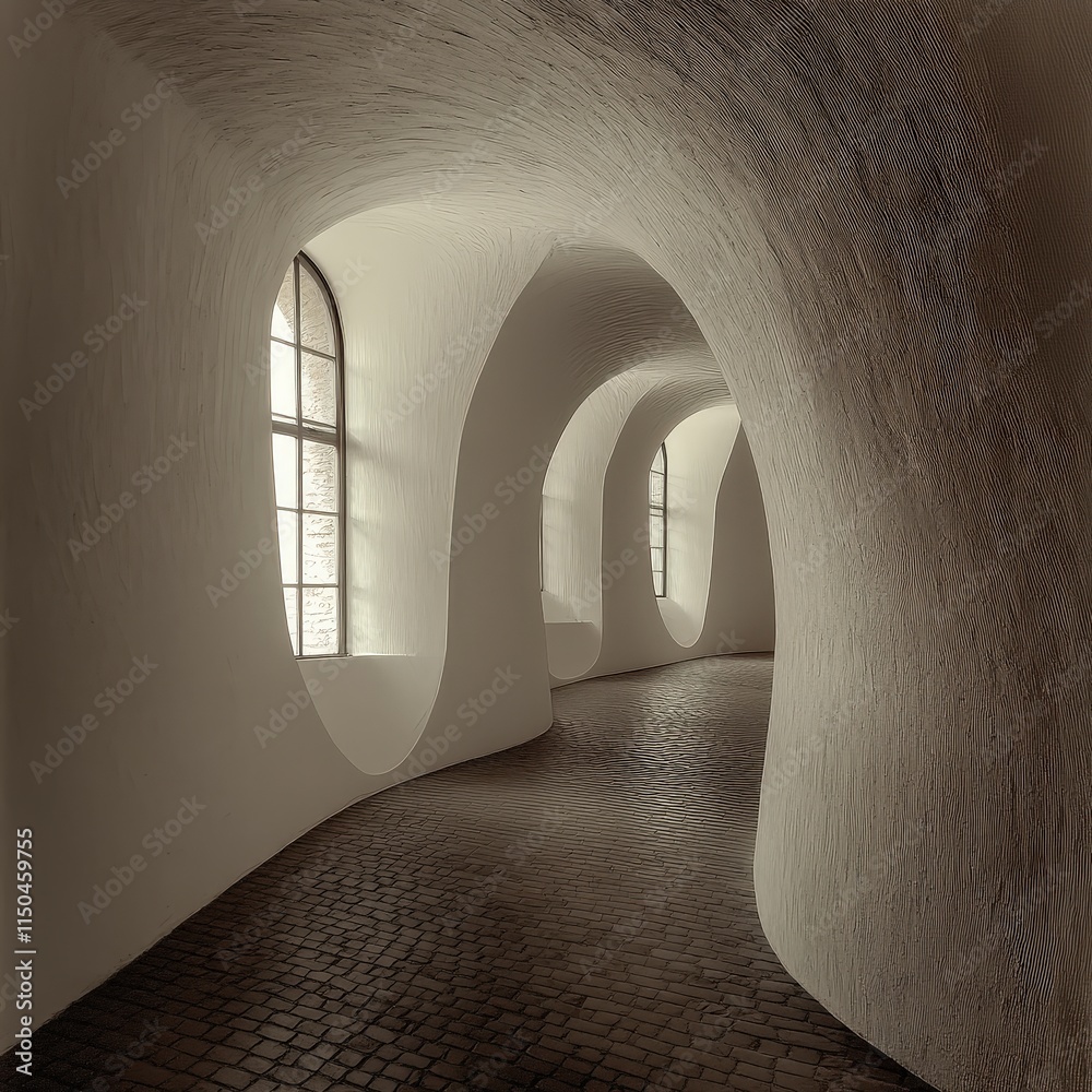 A winding, light-filled hallway with arched walls and dark brick floor. Windows are visible.