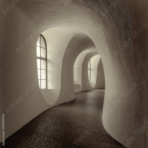Obraz na płótnie A winding, light-filled hallway with arched walls and dark brick floor. Windows are visible. w salonie