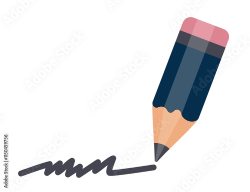 Pencil with rubber band. Pencil draws a line. Pencil in blue colour. Text editing icon. Office supplies. Writing sign business concept.