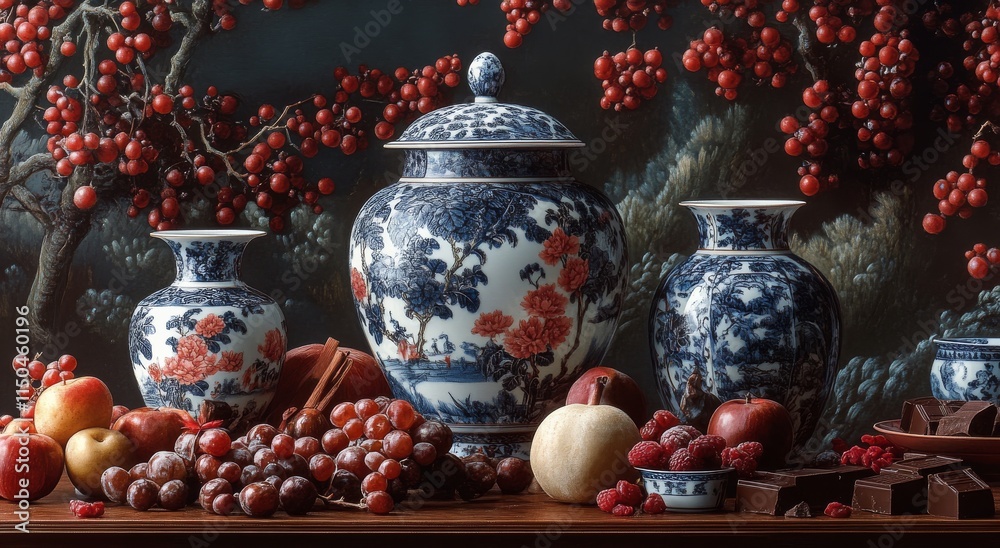 Beautifully arranged porcelain vases and a variety of fruits and flowers create a stunning display Beautifully arranged porcelain vases and a variety of fruits and flowers create a stunning display