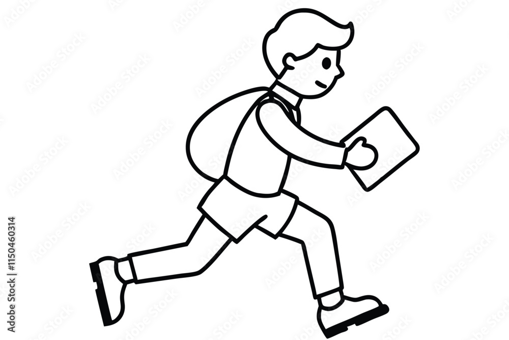 Illustration of schoolboy in a uniform running and holding a book. line art style Illustration of schoolboy in a uniform running and holding a book. line art style