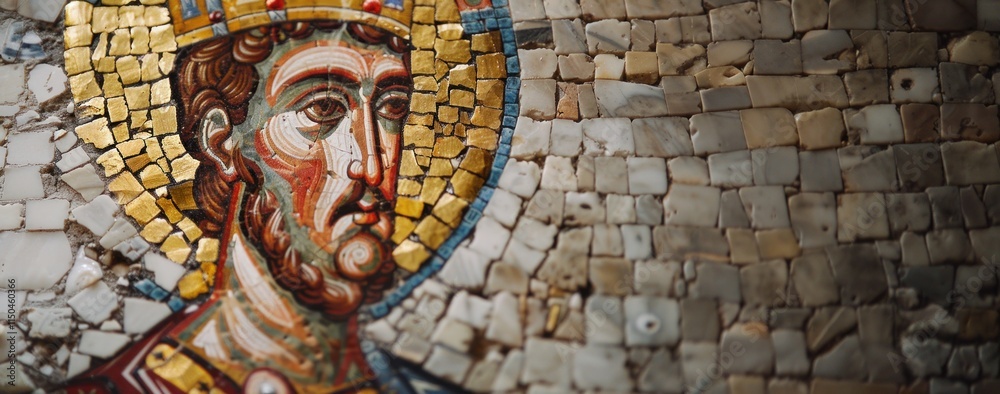 Obraz premium Mosaic artwork depicts a saint with gold accents, showcasing Byzantine craftsmanship