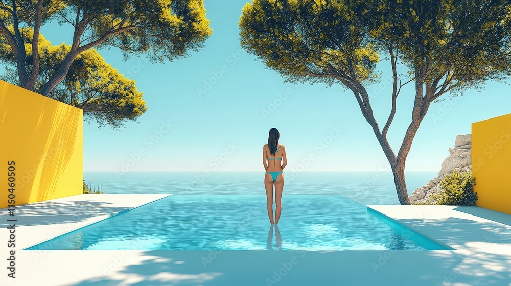 A woman stands at the edge of a pool with ocean views. The scene is bright and serene with yellow walls and green trees flanking the pool.