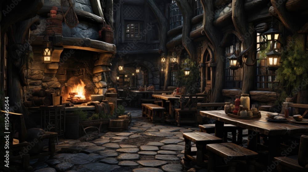 Naklejka premium Cozy Medieval Tavern: A digital painting of a warm, inviting tavern with a large stone fireplace, wooden tables, and rustic charm, perfect for fantasy settings.