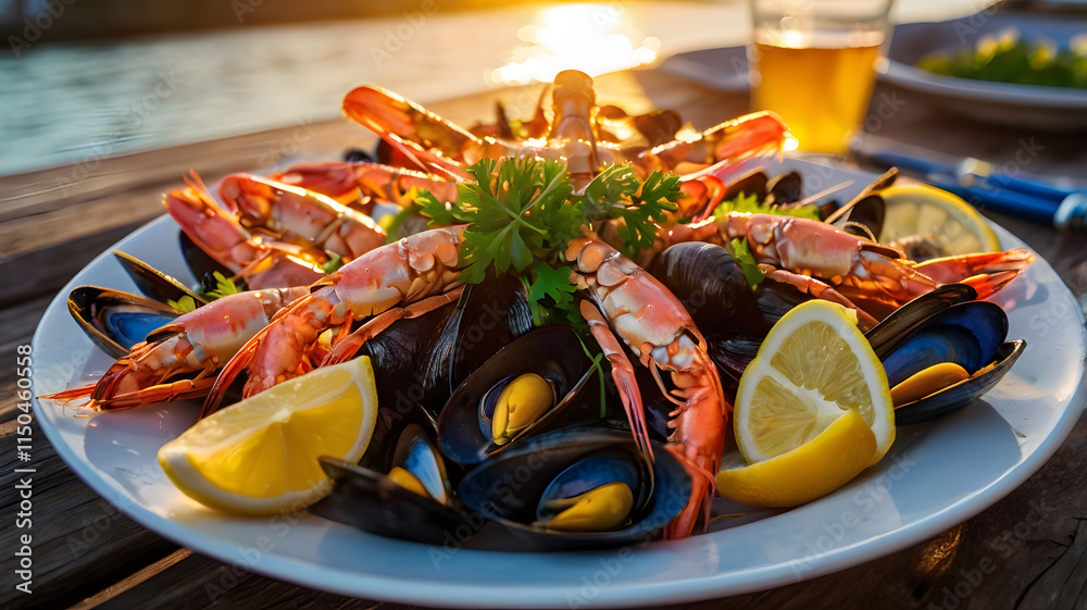 Romantic dinner at the beach restaurant overlooking the sunset on the ocean on a beautifully served table seafood and white wine. Boiled lobster with lemon. Copy space. Greek taverna Romantic dinner at the beach restaurant overlooking the sunset on the ocean on a beautifully served table seafood and white wine. Boiled lobster with lemon. Copy space. Greek taverna