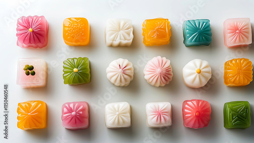 Colorful Thai desserts arranged on white background