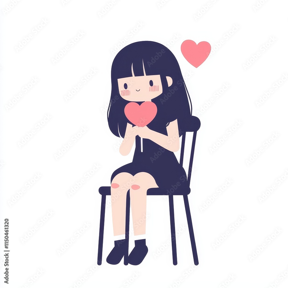 Happy girl sitting on chair with heart in hand, expressing love and joy in minimalist illustration style Happy girl sitting on chair with heart in hand, expressing love and joy in minimalist illustration style