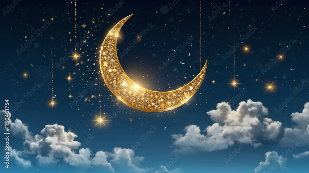 Naklejka premium Crescent moon, golden stars and white clouds 3d style isolated on blue background. Dream, lullaby, dreams background design for banner, booklet, poster. Vector illustration EPS10