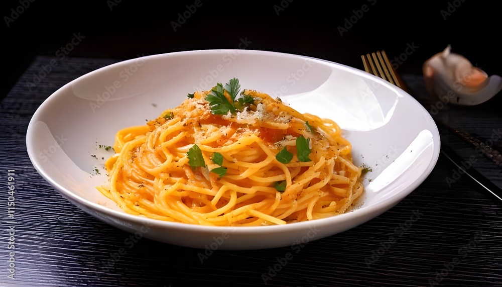 A classic Italian dish, spaghetti aglio e olio, glistening with olive oil, garlic, and chili flakes, topped with parsley and grated cheese, served in a white bowl with rustic charm A classic Italian dish, spaghetti aglio e olio, glistening with olive oil, garlic, and chili flakes, topped with parsley and grated cheese, served in a white bowl with rustic charm