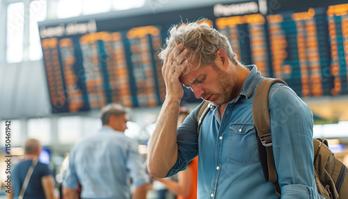 man is sad. he waiting for delayed flight in airport