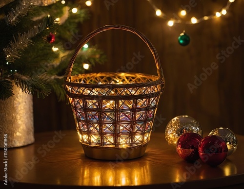 A decorative wicker basket filled with fairy lights, set against a backdrop of festive decorations. photo