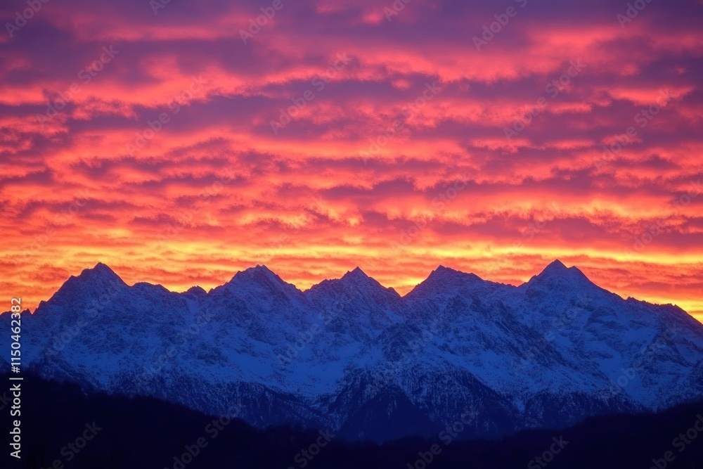 Fiery Sunset Over Snow Capped Mountain Range Fiery Sunset Over Snow Capped Mountain Range