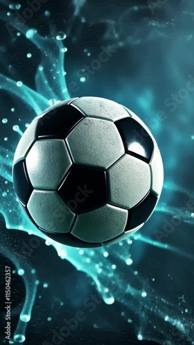 Soccer ball suspended in blue liquid splash creating a dynamic and energetic visual effect