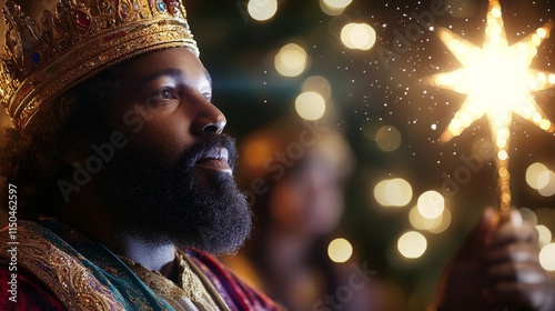 Majestic king holding bright star staff illuminated by festive lights in warm celebration atmosphere