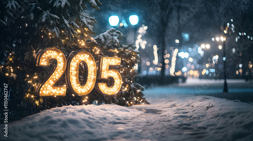 A glittering 2025 sign displayed in the middle of a snowy park during a midnight celebration. photo