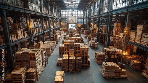 Wallpaper Mural The warehouse utilizes pallets and a logistics stack for efficient storage and wholesale distribution, ensuring prompt cargo transportation and stock delivery for the lumber industry Torontodigital.ca