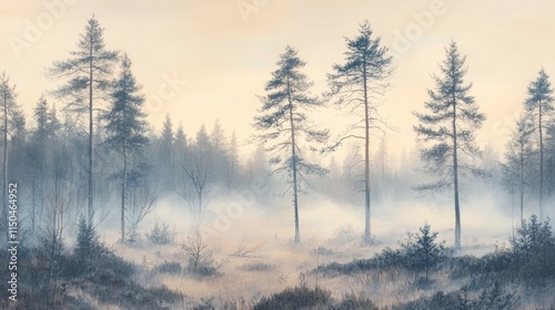 Wallpaper Mural Misty Pine Forest at Dawn with Soft Hues Torontodigital.ca