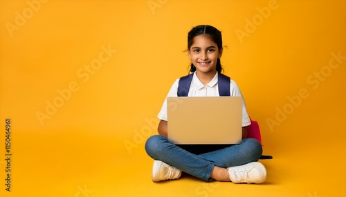 Generated image portrait of Indian asian schoolgirl girl using laptop, sitting cross-legged isolated on yellow background