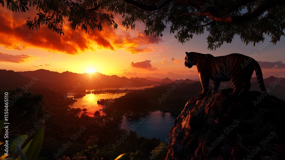 Fototapeta premium Majestic Tiger Silhouetted Against a Vibrant Sunset Over a Lush River Valley