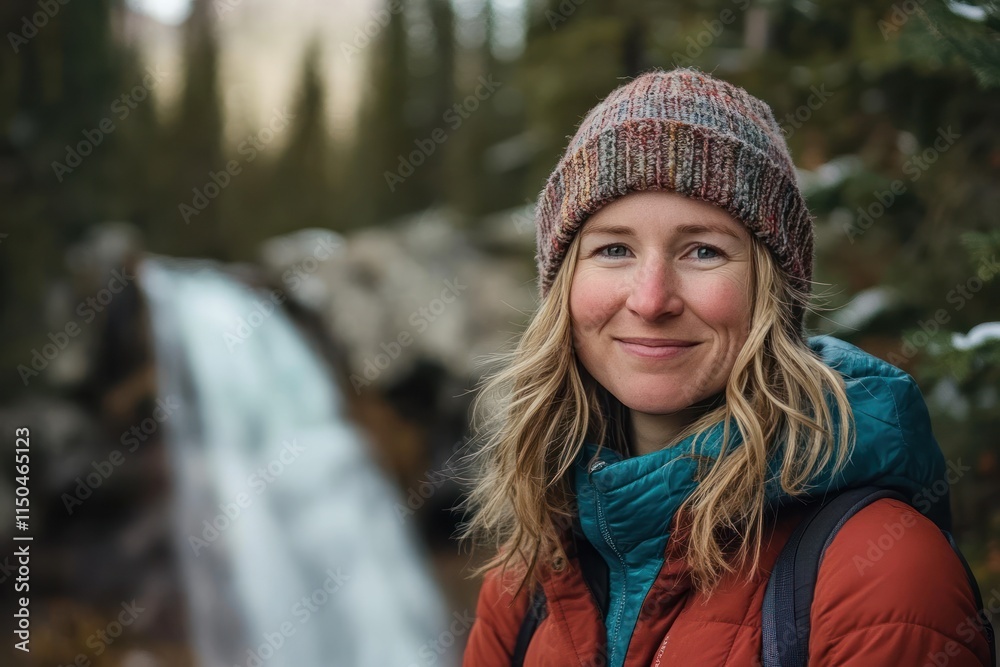 Woman smiles near a cascading mountain waterfall Woman smiles near a cascading mountain waterfall