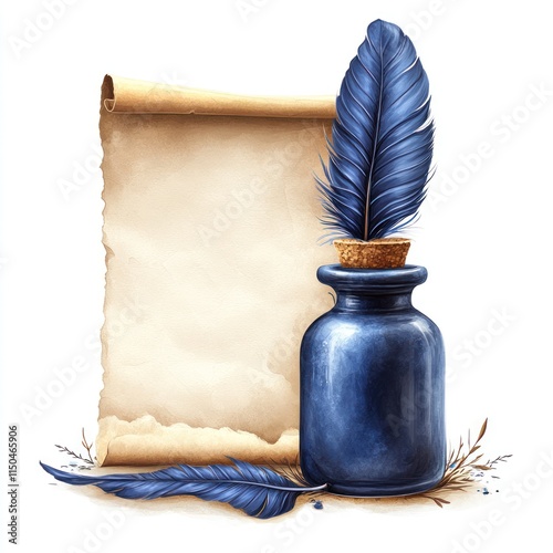 Blue Quill Pen Inkwell Parchment Scroll photo