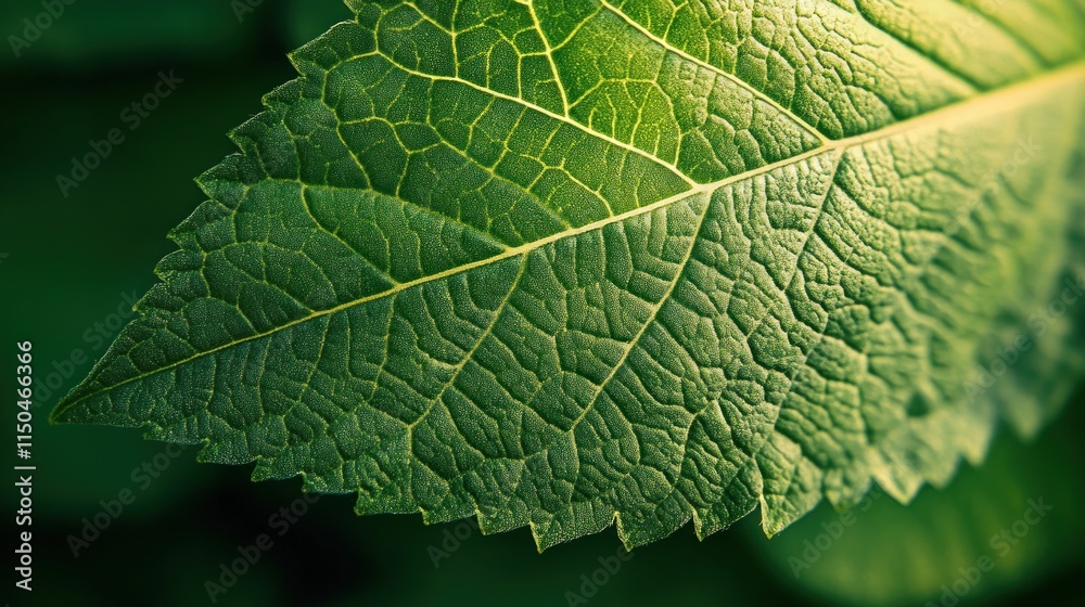 Fototapeta premium Close-Up of Green Leaf Showing Detailed Veins and Textures