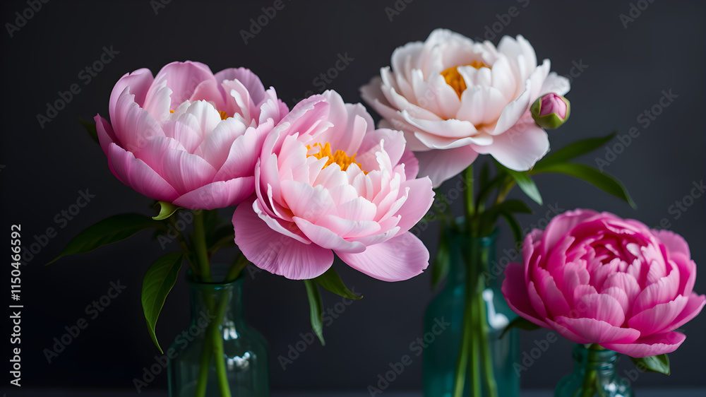 Obraz premium Single peonies in green glass vases. Generative AI