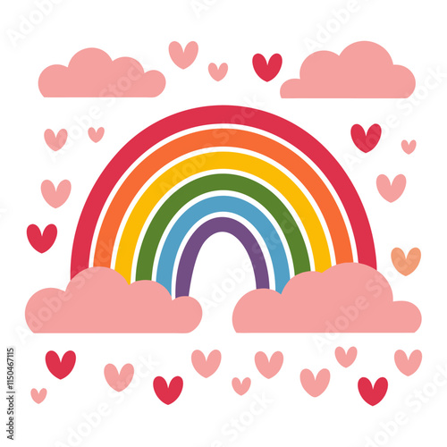 A rainbow with hearts surrounding it, vector flat valentines pink love illustration
