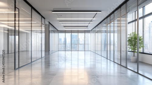 Modern office space with glass walls and city views.