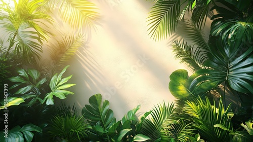 White background with palm leaves evokes nature, sustainability, and a relaxing summer atmosphere