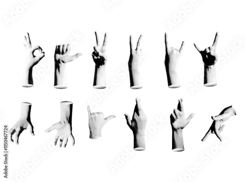 Collection of hand gestures, including peace, victory, ok, thumbs up, rock, and crossed fingers. Retro, vintage grayscale design with halftone texture. Vector illustration isolated