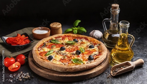 Tasty Pizza on Wooden Board with Scoop, Oil Jug, and Ingredients on Black Grunge Background